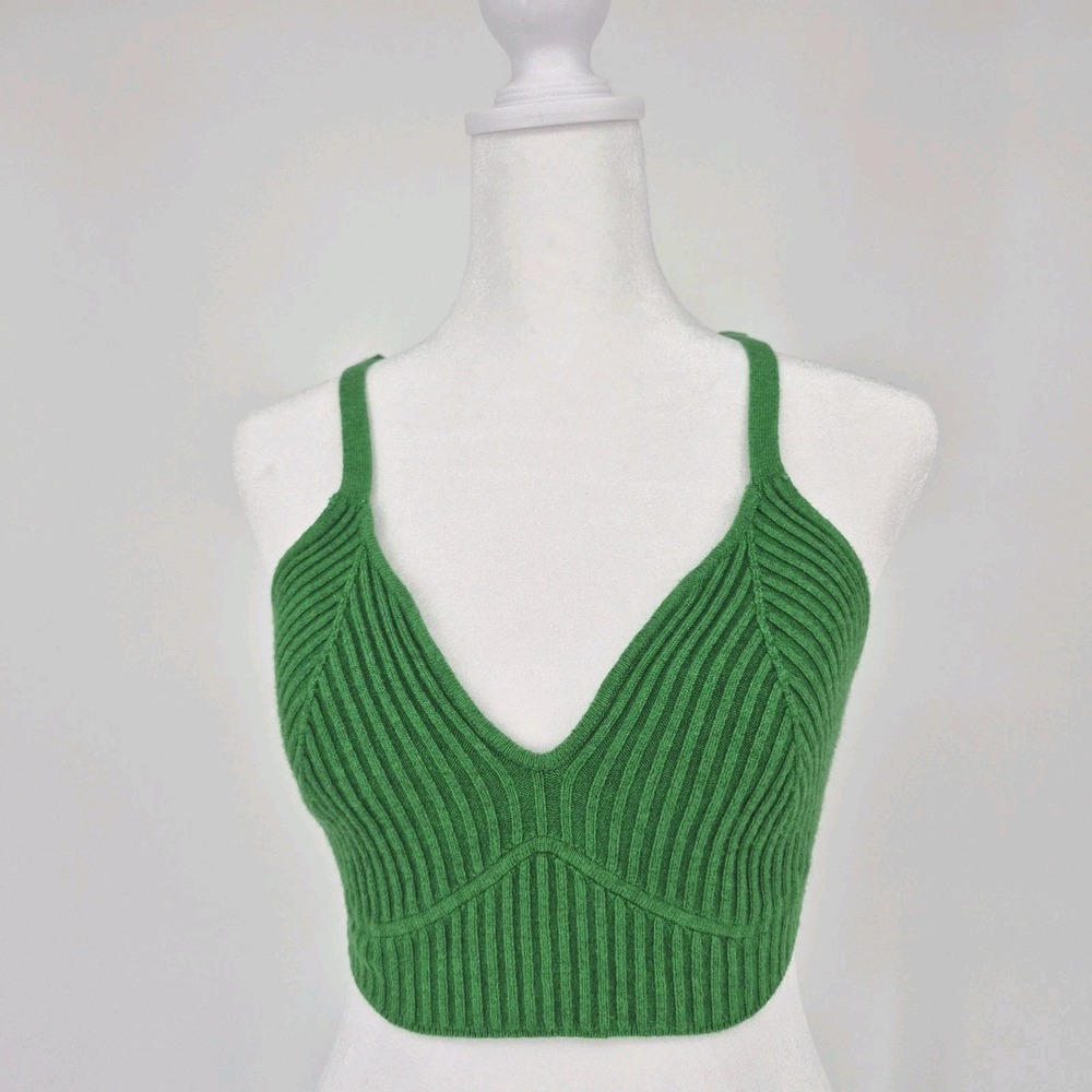 Women's Green Ribbed Knit Bralette Crop Top V-Neck Sweater Tiny Tank Y2K Sz L